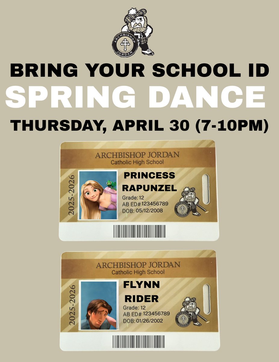 AbjJordan's tweet photo. ABJ ID is required at the door during Thursday evening's Spring Dance.  Don't forget to bring your ABJ ID or you run the risk of not being admitted! https://t.co/RmVXu8vumW