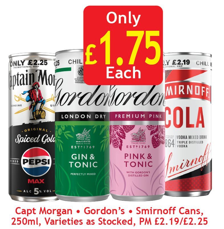 clydebankcoop's tweet image. Three legends, one tiny price! 🙌🥂 Capt Morgan / Gordon's / Smirnoff Cans, 250ml, Varieties as Stocked, PM £2.19/£2.25. Only £1.75 Each! 🍸 Grab &amp;amp; go grown-up refreshment. 😎
#CaptainMorgan #VodkaSoda #GinAndTonic #CheersToThat #BargainBuy