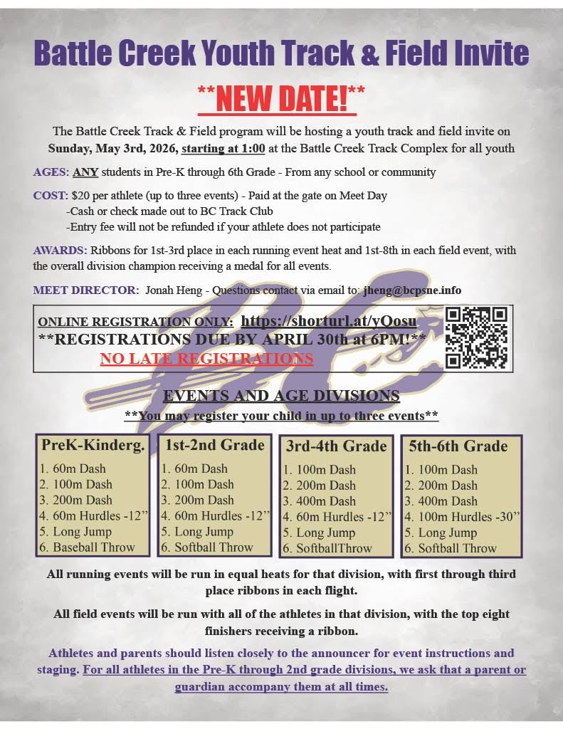 BattleCreek_TF's tweet photo. 📣 Final Call for Youth Track Meet Entries! 🏃‍♀️

Thursday, April 30th, is the last day to register for the BC Youth Track &amp; Field Meet happening May 3rd at 1pm

The meet is open to all students in grades PreK–6, from any school or community

Sign up here: https://t.co/LzZvNeAX2q https://t.co/GXGT0bA8Hz