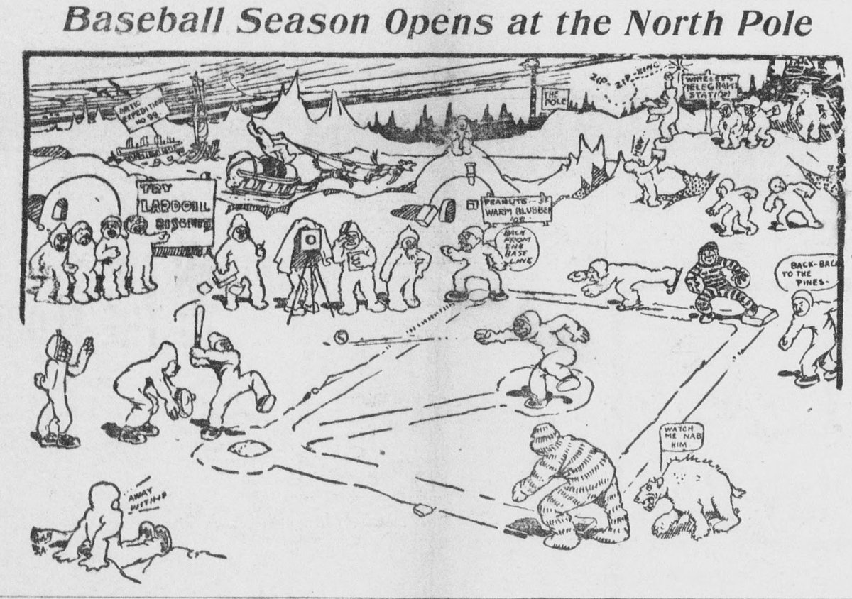 ANC_Historian's tweet image. April 28, 1904 Tacoma Times cartoon, "Baseball Season Opens at the North Pole." Unknown artist. #alaskahistory #alaska