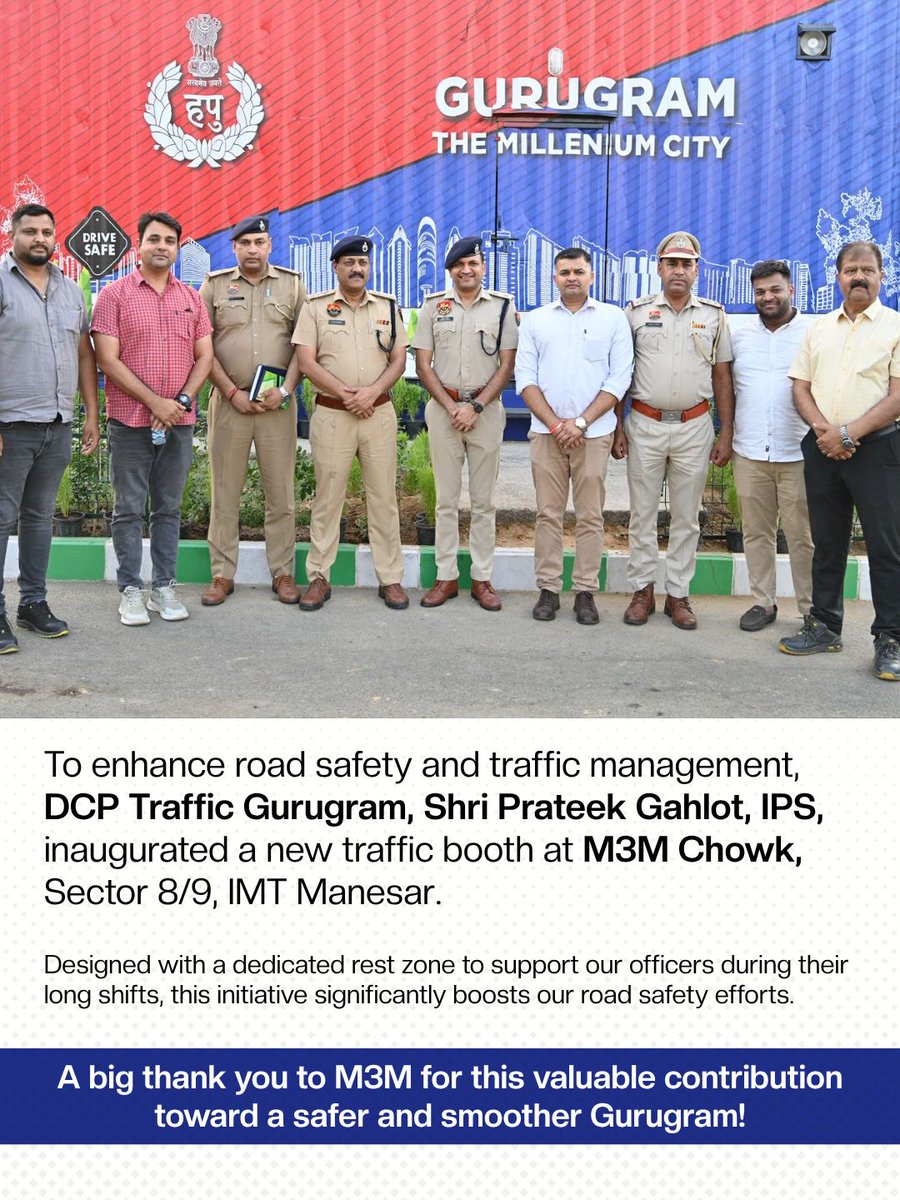 TrafficGGM's tweet photo. New Traffic Booth Inaugurated
Sh. Prateek Gahlot, IPS (DCP Traffic, Gurugram), inaugurated a new traffic booth at M3M  Chowk, IMT Manesar — built under M3M's CSR.
Includes a rest zone for officers on 12–13 hr shifts.
📞 112 | 1095
#GurugramTrafficPolice #RoadSafety
@M3MIndiaPvtLtd