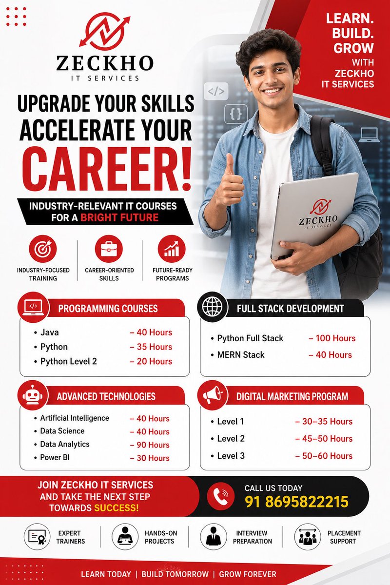 Zeckhoit's tweet photo. 🚀 Upgrade your skills. Accelerate your career with ZECKHO IT SERVICES!  

🎯 Learn today. Build tomorrow. Grow forever.  
📞 Contact: +91 8695822215  

#ZeckhoITServices #CareerGrowth #UpskillNow #ProgrammingCourses #Python #Java #FullStackDevelopment #MERNStack https://t.co/ux5brHeUyw