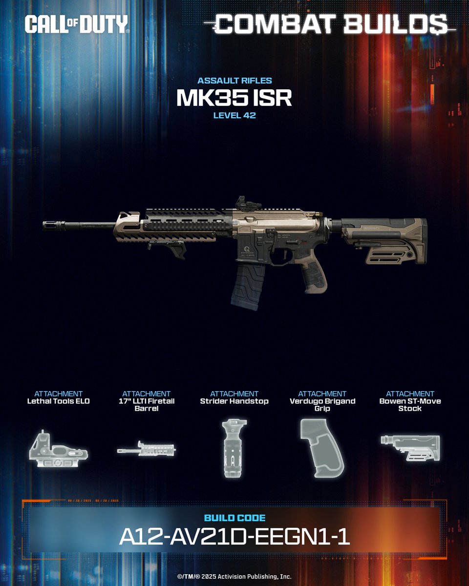 Legoshi25's tweet photo. Built to handle it all. The MK35 ISR delivers a clean, well-rounded setup for any fight.

💥 Equip this build now ➡️ A12-AV21D-EEGN1-1 #CallOfDuty #CODCombatBuilds https://t.co/fz3IFntPBV