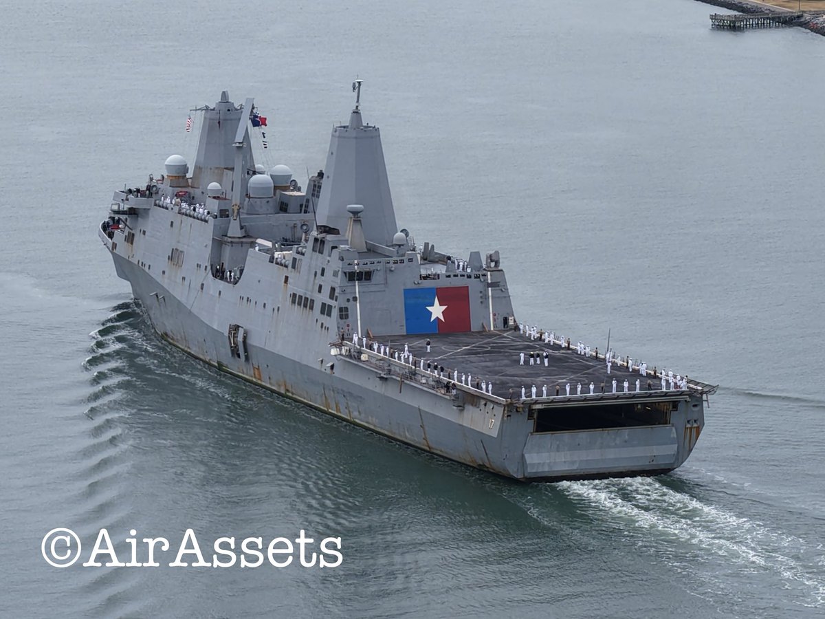 AirAssets's tweet photo. Welcome home to the USS San Antonio LPD-17 arriving back at Norfolk Naval Station at 11:30am 28 April 2026 after deployment to Southcom AOR supporting Venezuela campaign. BRAVO ZULU🫡💪

#lpd17 #usssanantonio #usnavy #southcom #venezuela #maduro #navsta #USfleetforces https://t.co/Gt0bvWrmNt