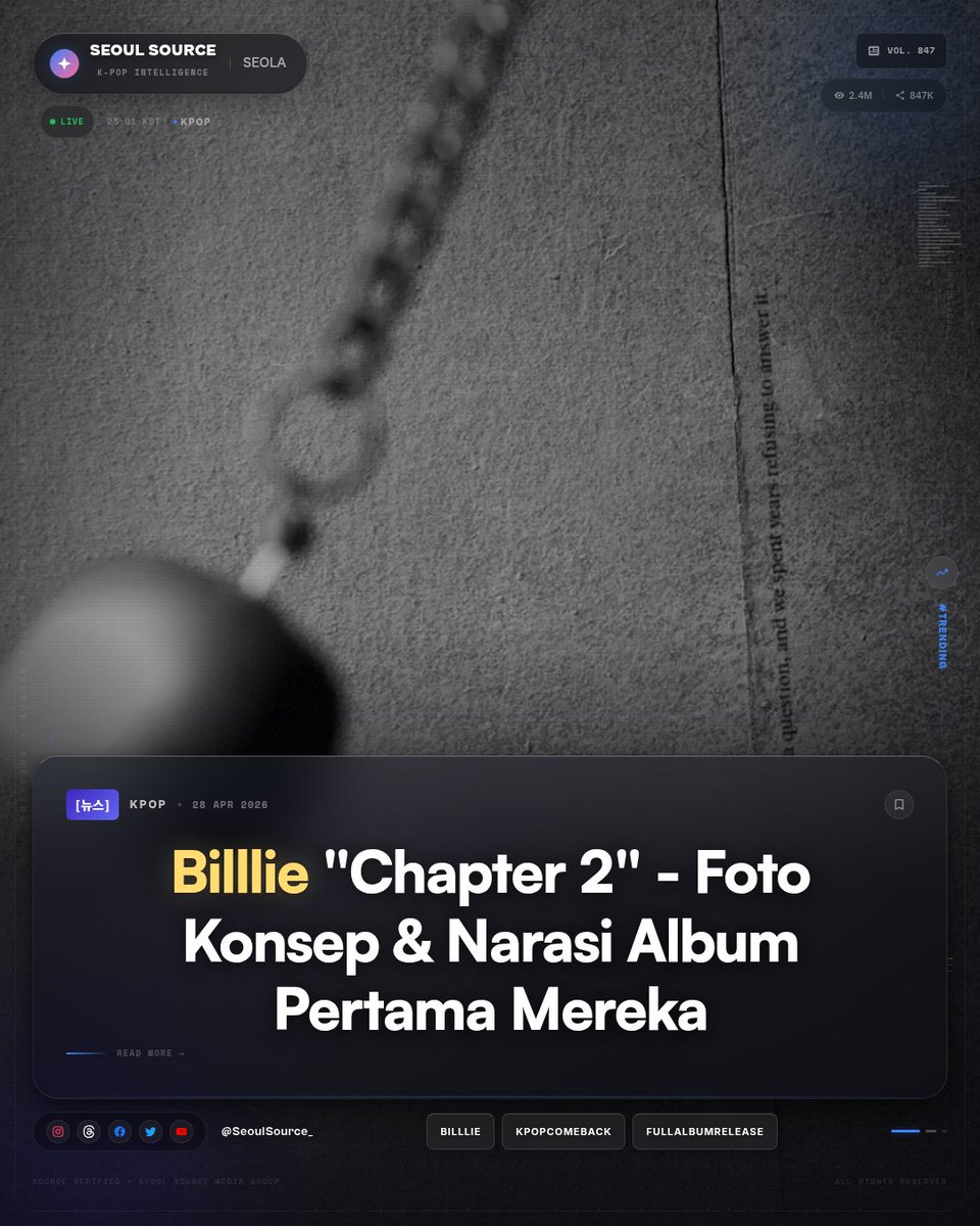 kpopdankdramaid's tweet image. Billlie rilis foto konsep gelap untuk full album pertama "Chapter Two" - 6 Mei 2026. Lanjutan cerita dari 2022, plus narasi di setiap postingan. Storytelling ala Billlie memang nggak ada duanya. #Bill

 Read More: threads.com/@seoulsource_
-Seola