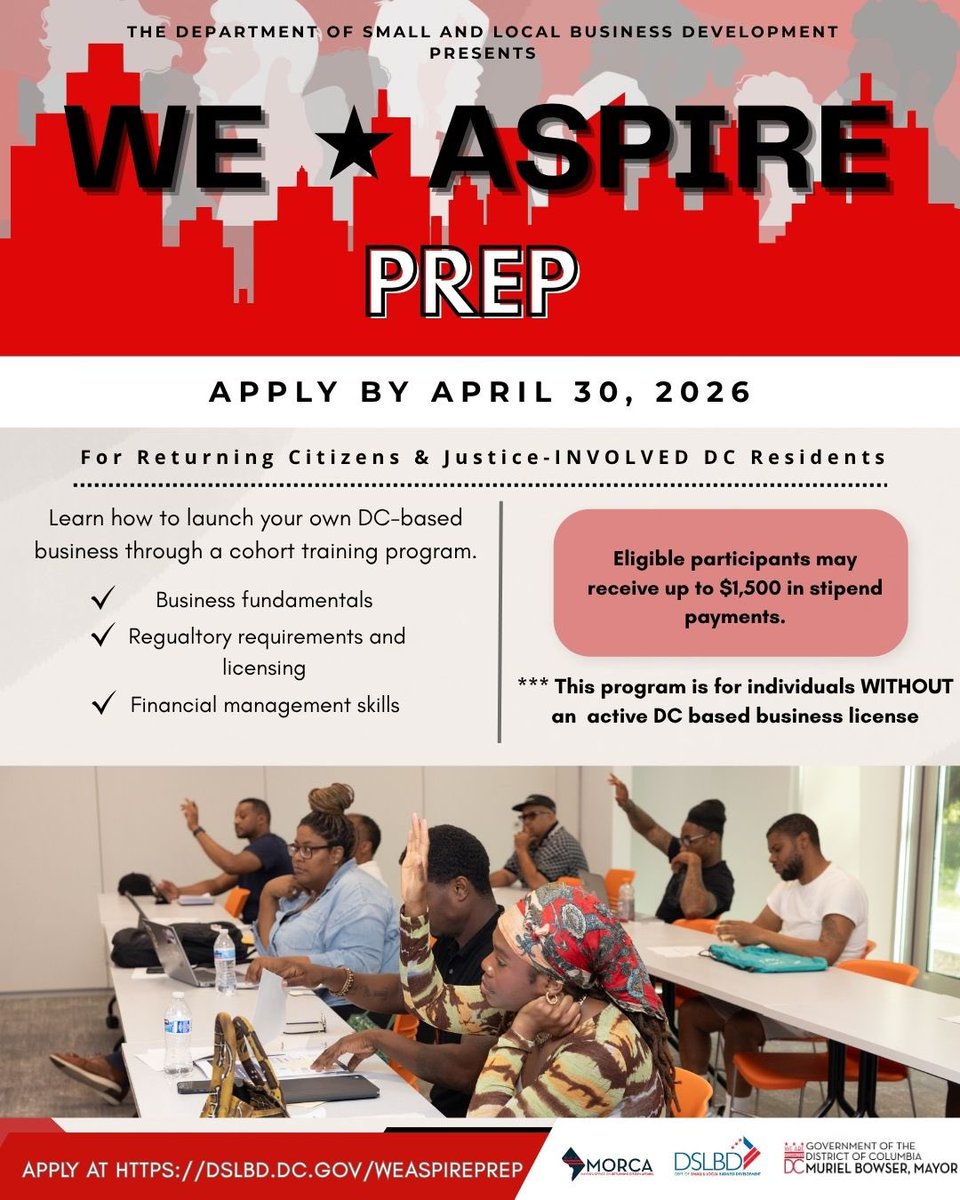 SmallBizDC's tweet photo. Applications close soon!

WeAspire PREP supports returning citizens and justice-involved DC residents ready to start a business—plus up to $1,500 in stipends.

🗓️ Deadline: April 30 at 2 PM
Apply now: https://t.co/yGwEMGEjsc https://t.co/Q9nBSAIzj9