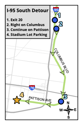 IBXRun10's tweet photo. 🚧 TRAFFIC UPDATE: The Walt Whitman Bridge/Packer Ave exit on I-95 South will be CLOSED on race day. All traffic should:

- Exit at Columbus Blvd/Washington Ave (Exit 20)
- Turn right onto Columbus Blvd
- Follow to Pattison Ave
- Continue to stadium complex for parking

#IBXBSR26 https://t.co/ckm2KLYoYO