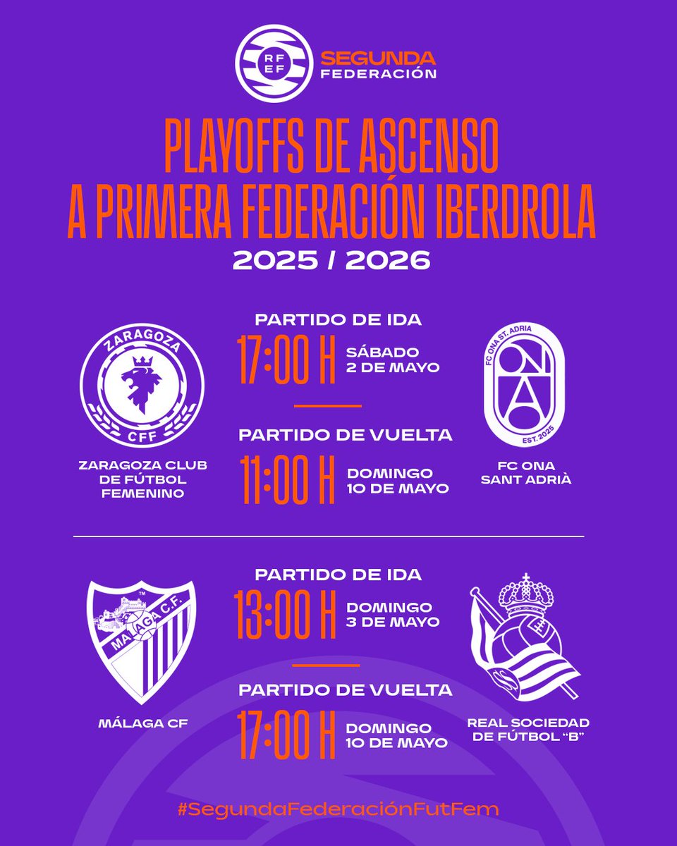 FutFemRFEF's tweet photo. ⚔️ ¡La pelea por el 𝗔𝗦𝗖𝗘𝗡𝗦𝗢 a #PrimeraFederaciónIberdrola ya conoce su hoja de ruta!

📆 Semifinales 𝗜𝗗𝗔 > 2 y 3 de mayo
📆 Semifinales 𝗩𝗨𝗘𝗟𝗧𝗔 > 10 de mayo

ℹ️ https://t.co/bEyDMIEuXw

#FutFemRFEF | #SegundaFederación https://t.co/xovUOvwoXH