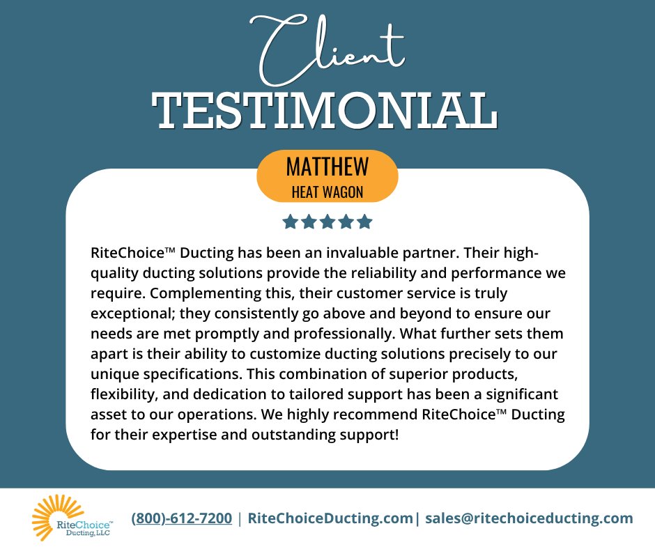R_ChoiceDucting's tweet image. A huge thank you to Matthew at Heat Wagon for the kind words! We’re proud to provide the custom solutions and "above and beyond" service that keep your operations running smoothly.

📞 (800) 612-7200
🌐 RiteChoiceDucting.com

#ritechoiceducting #IndustrialSolutions