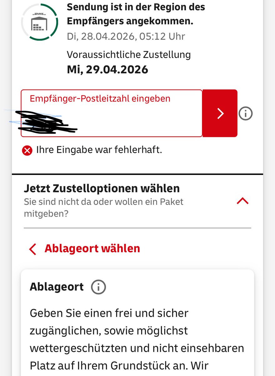 edible_ch's tweet photo. @DHLPaket ich möchte die zustellung steuern, aber meine postleitzahl wird als fehlerhaft definiert. und jetzt? -> lieferadresse habe ich beim absender kontrolliert, dort stimmt die postleitzahl. https://t.co/QwBXROqcDP