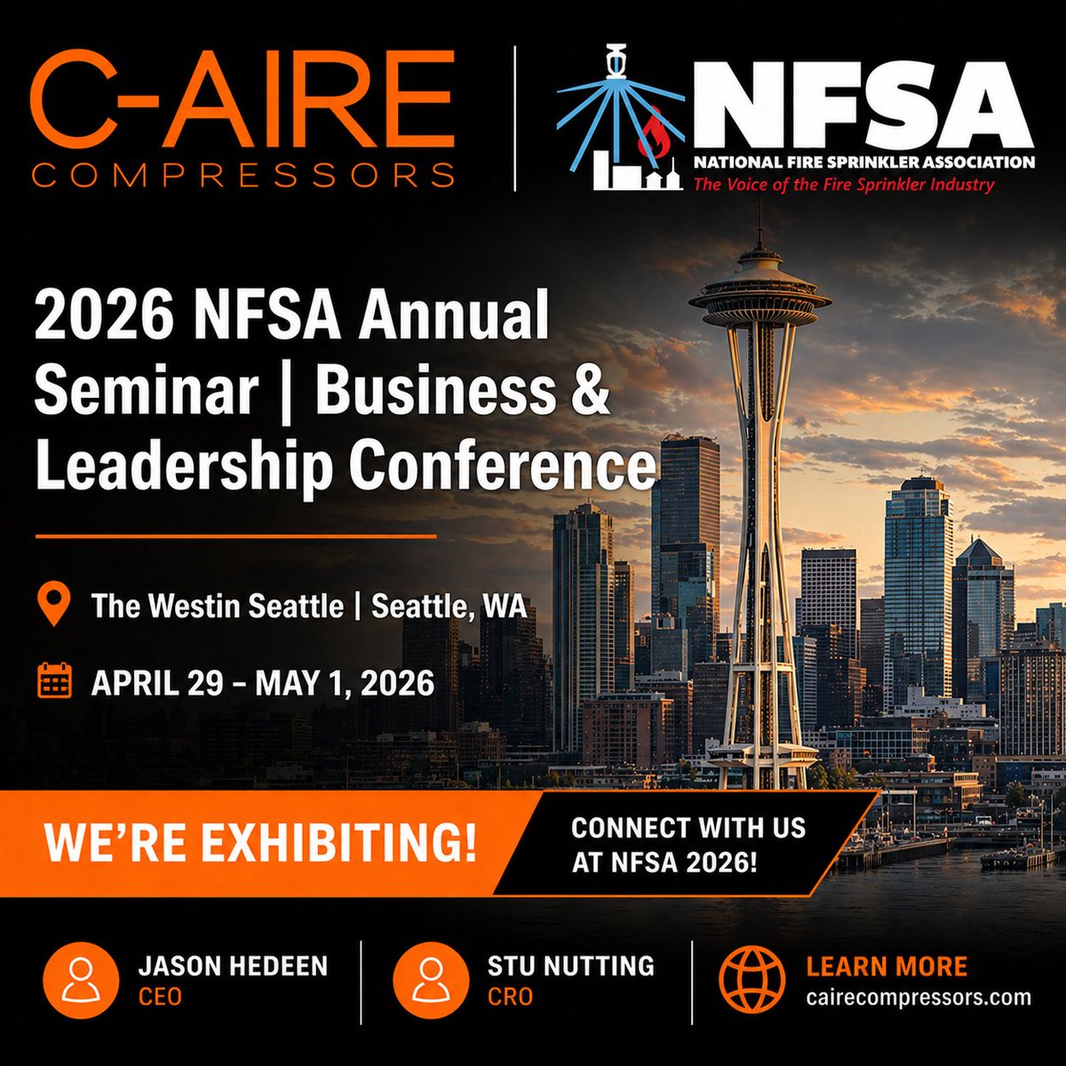 CAireCompressor's tweet photo. Seattle-bound! 🛫 Jason Hedeen &amp; Stu Nutting are at the 2026 NFSA Annual Seminar this week (4/29–5/1) at The Westin Seattle. Stop by and talk fire protection compressors with us. https://t.co/OC0YYLDs2E