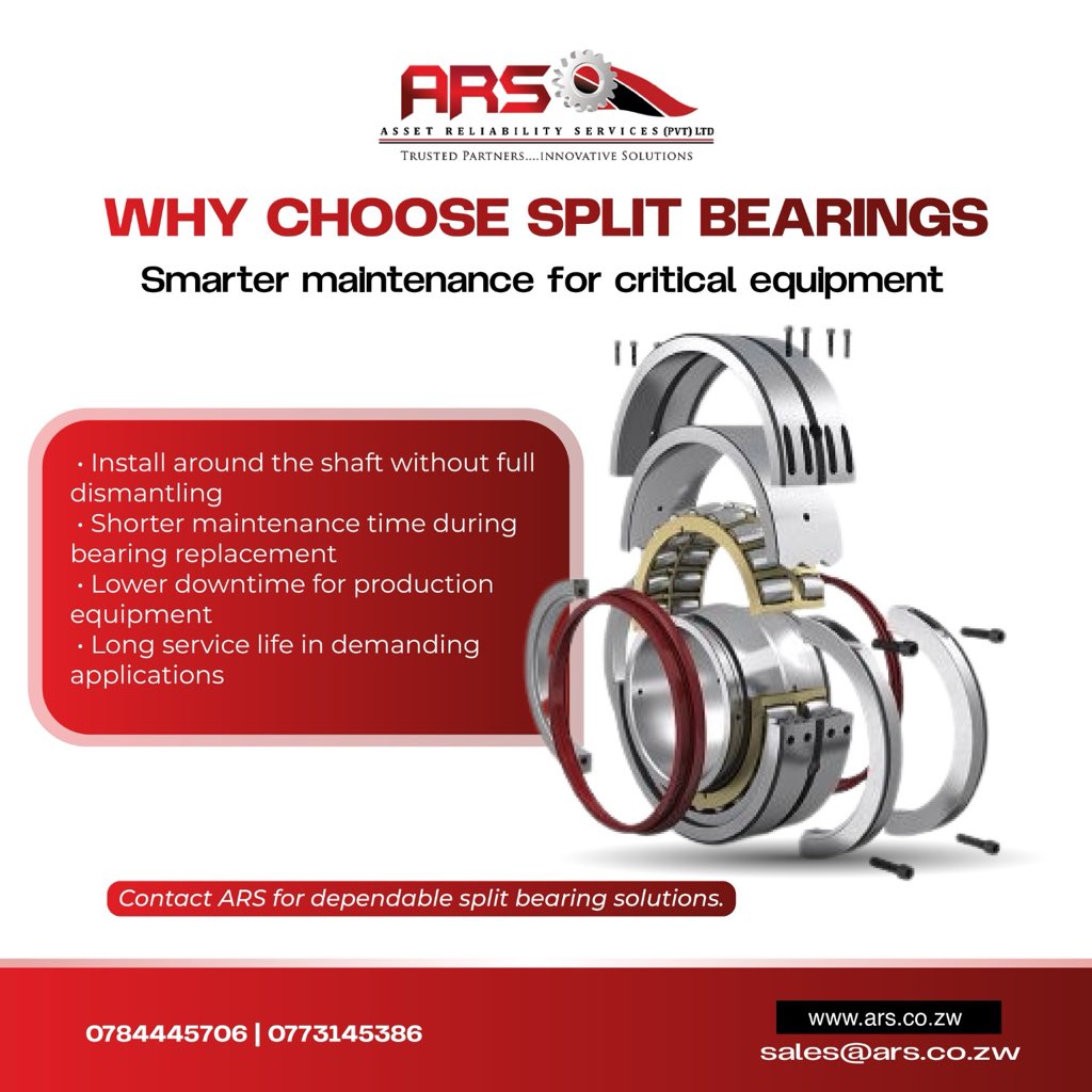 Assetzw's tweet photo. Why choose split bearings? Because maintenance efficiency directly impacts uptime.

Split bearings are installed around the shaft, eliminating full dismantling of adjacent components. This reduces intervention time, labour requirements, and overall system disruption.

In critical equipment, that translates to shorter maintenance windows, lower production downtime, and improved equipment availability.

Designed to perform under demanding load conditions while simplifying maintenance processes, split bearings provide a practical balance between reliability and efficiency.

Smarter maintenance. Better uptime. Consistent performance.
📞 0784445706 | 0773145386
🌐 https://t.co/EXNnLNeCBC⁠
📧 sales@ars.co.zw