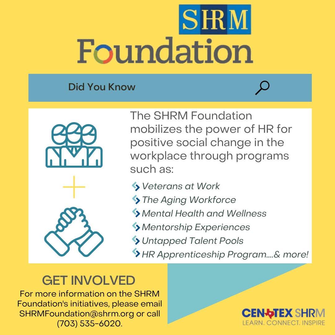 CentexShrm's tweet photo. SHRM Foundation – Get Involved!
Always thought about giving back? What if you could give back and STILL support the HR profession? GET INVOLVED TODAY!

@SHRM https://t.co/pA2mXOwHjq
