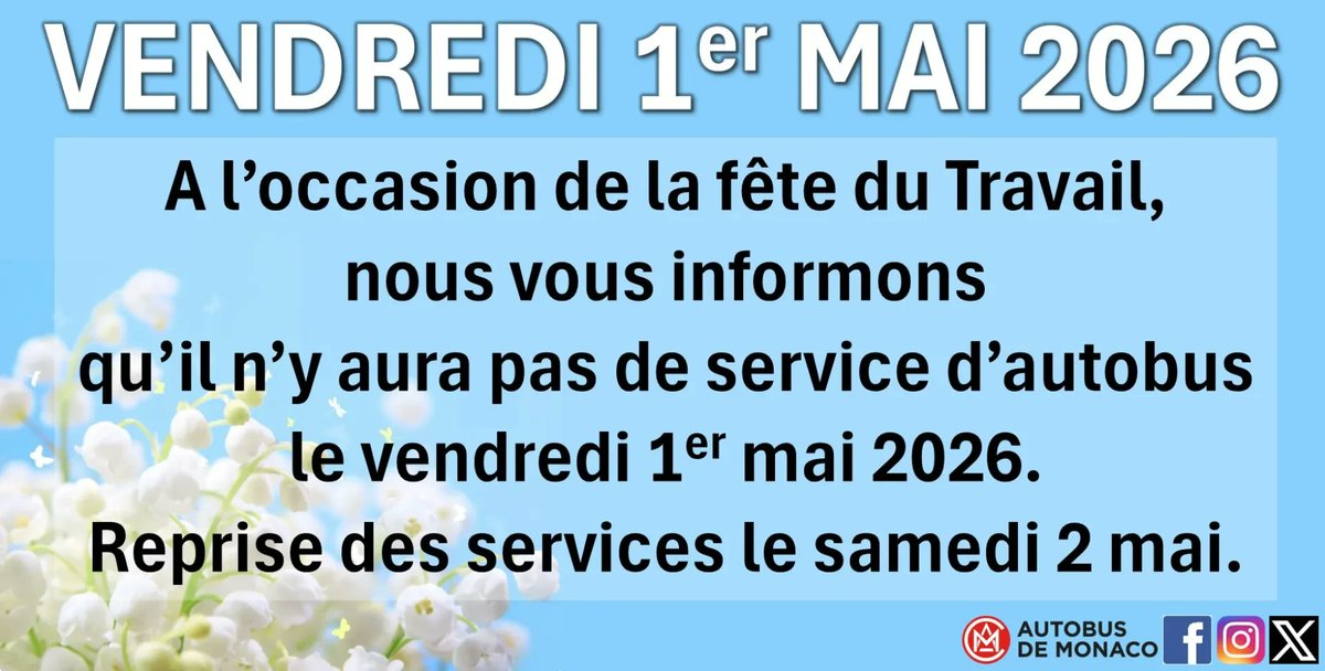 AutobusMonaco's tweet photo. 🚨À l'occasion du vendredi 1er mai 2026, nous vous informons qu'il n'y aura pas de service bus en Principauté de 6h00 du matin jusqu'à 3h00 le samedi matin.

- pas de Lignes Régulières
- pas de ClicBus
- pas de Bateau Bus

Reprise des services le samedi 2 mai 2026. https://t.co/UPq6BKYxIB