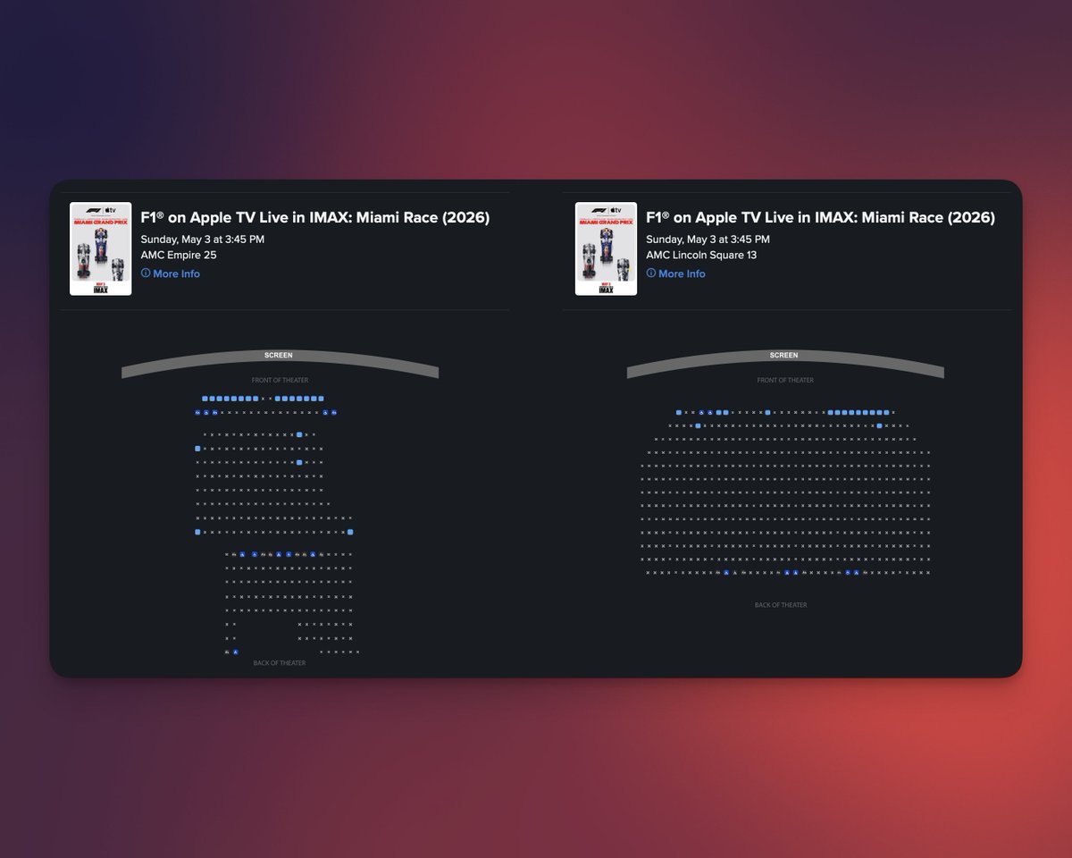 JacobFeldman4's tweet image. F1's first race in IMAX theaters is this weekend, and—at least in NYC—it's basically sold out.