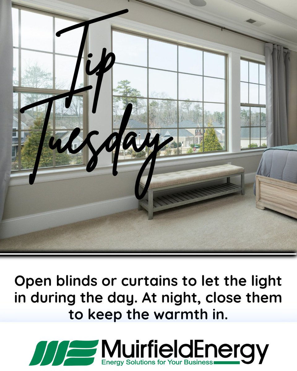MuirfieldEnergy's tweet photo. Let the sunshine work for you! During the day, open your blinds or curtains to invite in natural light and soak up the sun’s warmth. When night falls, close them to help trap that heat inside and keep your space cozy and warm. https://t.co/7QtWLQHnWP
#TipTuesday https://t.co/TYIqaVWUwM