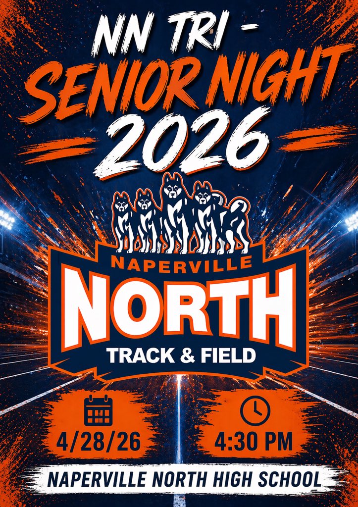 NnhsTrack's tweet image. 🔥MEET DAY🔥

The Huskies host tonight and will be honoring our 2026 Senior Class!

💻LIVE RESULTS -  live.palatinepack.com/meets/70868
🏋️FIELD EVENTS - 4:30
🏃RUNNING EVENTD - 4:45
📍VENU - NAPERVILLE NORTH H.S.

🔵🟠🐺🔵🟠
#DRIVENTOCOMPETE #TOGETHER