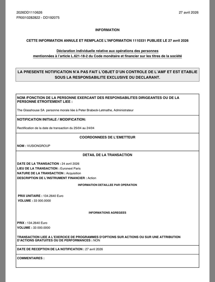 thegood_trade's tweet photo. Vusion $VU : nouveaux achats du vice président du conseil d’administration et ex PDG de Nestlé pour un total de 80 000 titre représentant un montant de plus de 10 millions d’euros 💶

Oui vous avez bien lu : Dix Millions https://t.co/JcuydZk4VX