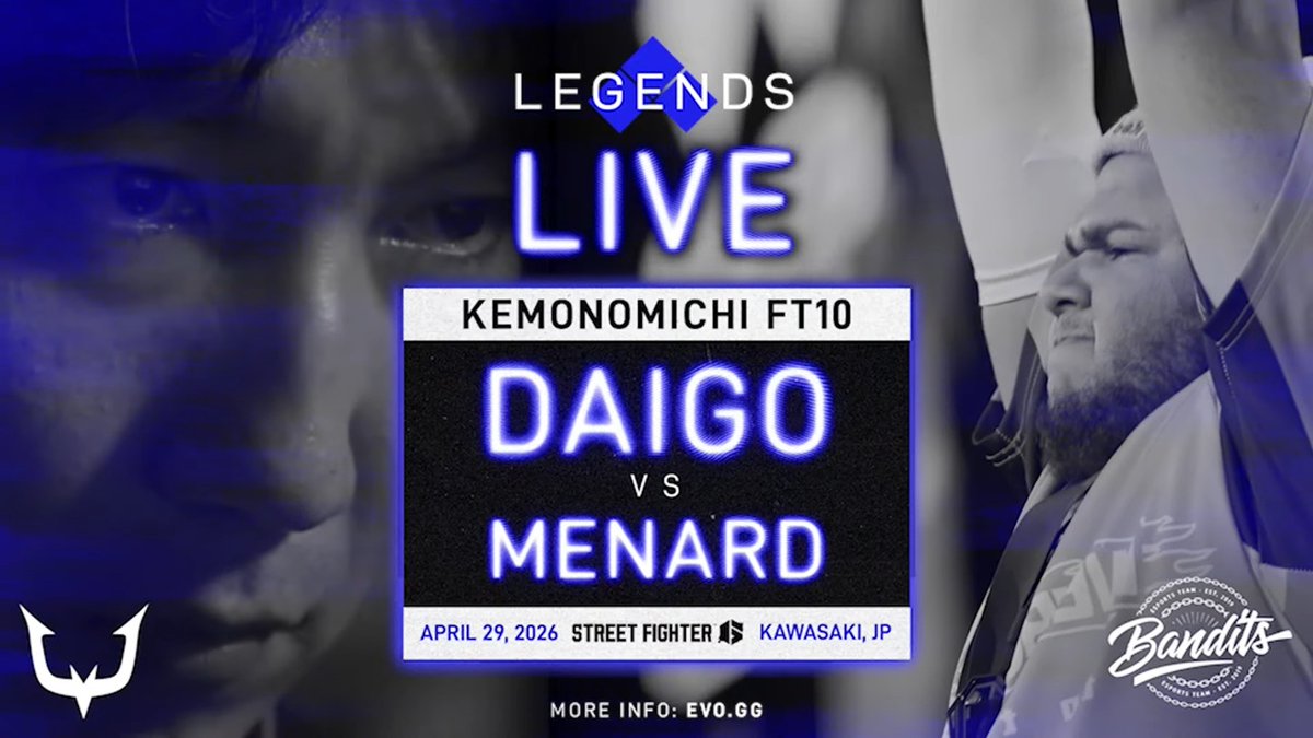 【スト6/鉄拳/餓狼】本日17時より、「獣道」が開幕＞ x.com/Evo/status/204…

1990年代から第一線を走り続けるウメハラと、
現代ストリートファイター最強候補・メナRDによる10先勝負。
格ゲーの歴史に間違いなく刻まれる一戦。

さらに、ラギアvsGO1、アッシュvsチクリンも実施予定。

■放送先