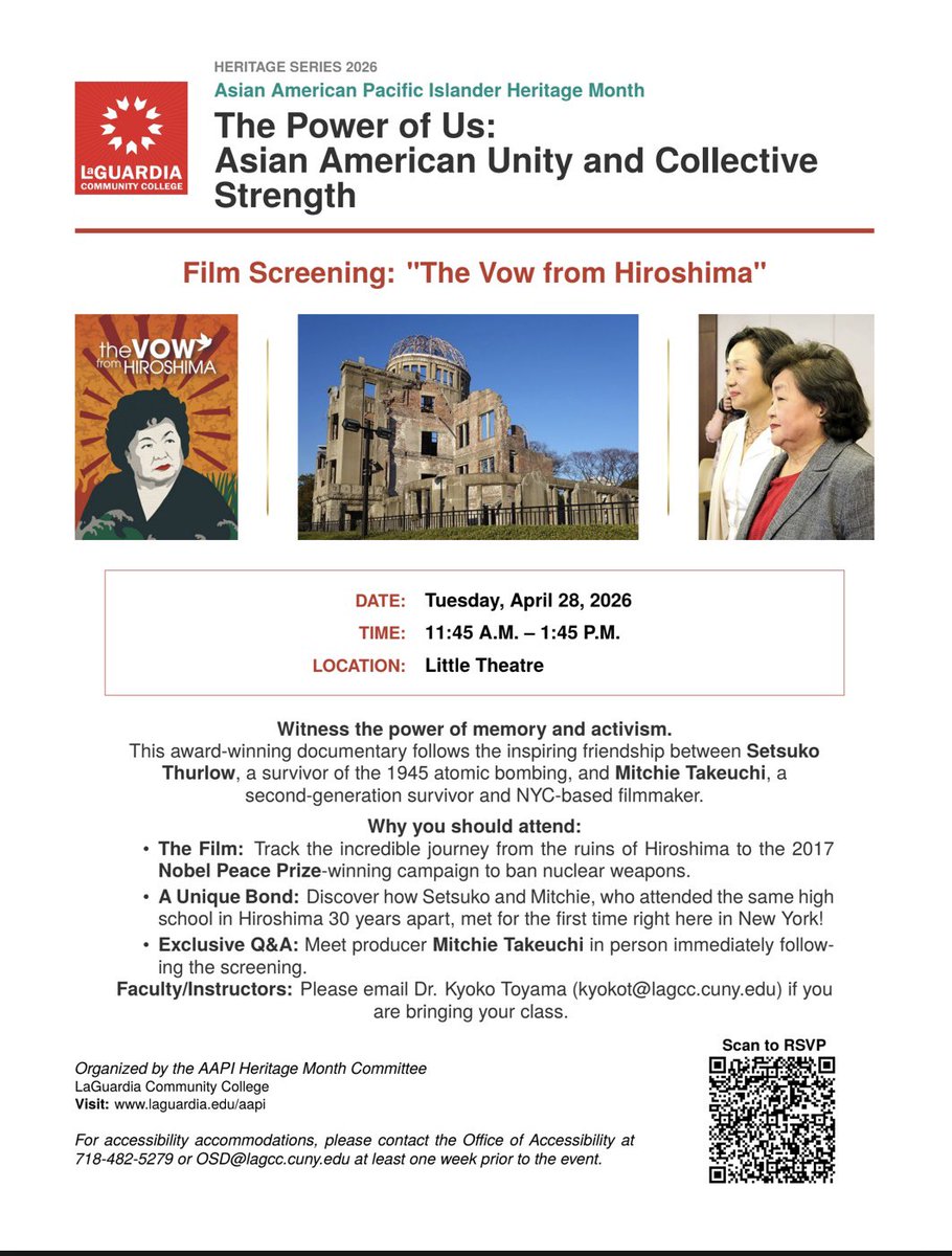 LaGuardiaCC's tweet photo. Happening now! Join us for Asian American Pacific Heritage series event and Film Screening: The Vow from Hiroshima in The Little Theater from 11:45 A.M.- 1:45 P.M. https://t.co/UA0OZnUikD