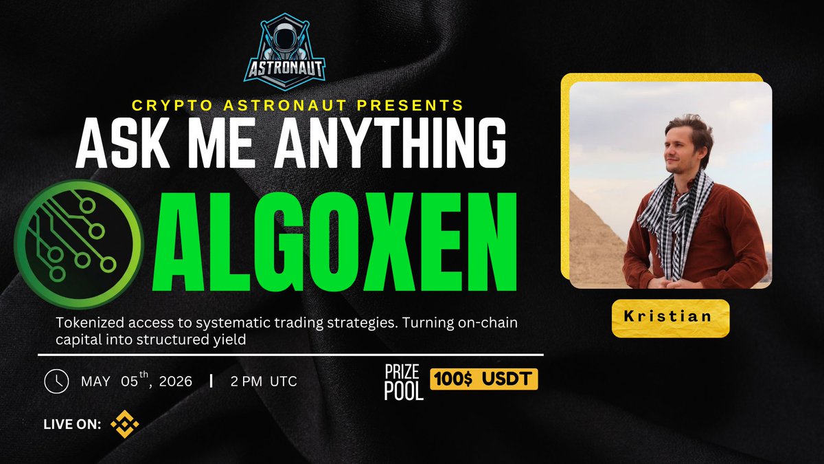 CryptoAs_TW's tweet photo. We are pleased to Announcement our next host AMA With ALGOXEN 🎉

📅 Date: 5th May 2026
🕓 Time: 2:00 PM UTC 

📢 Join us for an exclusive X space AMA with @algoxentoken A privacy-first infrastructure for Decentralizad Applications

⏰ Set reminder:
https://t.co/9eexqCvh1K

🌐 Learn more about ALGOXEN:
https://t.co/0d0CBUzg2p