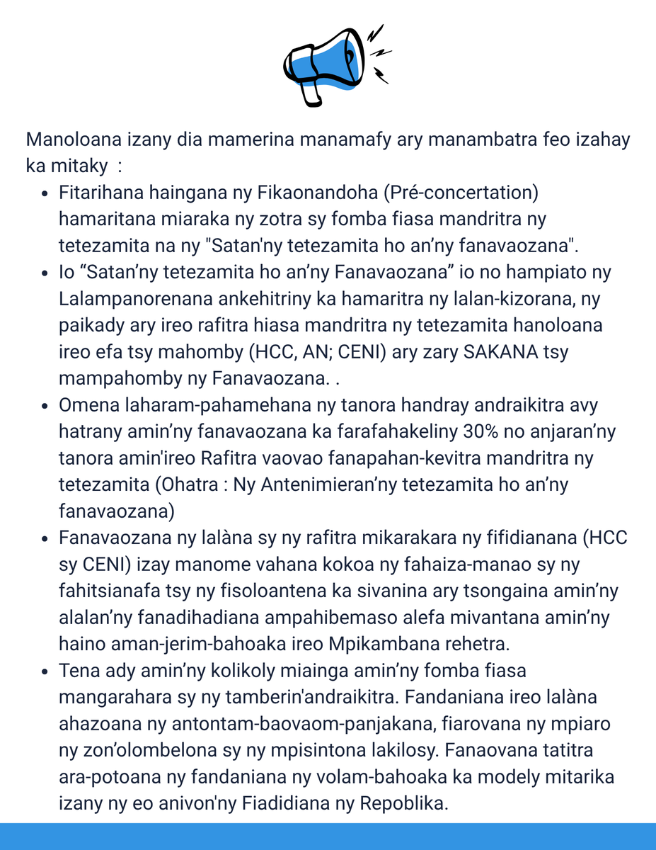 ONGIvorary's tweet photo. 𝐅𝐀𝐍𝐀𝐌𝐁𝐀𝐑𝐀𝐍’𝐍𝐘 𝐅𝐈𝐑𝐀𝐈𝐒𝐀𝐌𝐎𝐍𝐈𝐌𝐏𝐈𝐑𝐄𝐍𝐄𝐍𝐀 𝐒𝐘 𝐈𝐑𝐄𝐎 𝐕𝐎𝐍𝐃𝐑𝐎𝐍𝐀 𝐀𝐑𝐘 𝐅𝐈𝐊𝐀𝐌𝐁𝐀𝐍𝐀𝐍𝐀 𝐓𝐀𝐍𝐎𝐑𝐀
Androany, faha 28 aprily 2026
Antso maika ho an’ny tetezamita ifanarahana, mangarahara sy mampiaty ary ny fanavaozan-drafitra https://t.co/xVKupHttwC