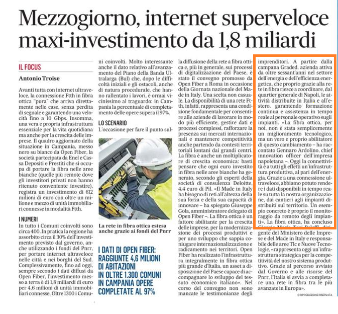 GradedSpa's tweet image. Grazie alla connessione ultraveloce, @GradedSpa  riesce a coordinare, dal quartier generale di Napoli, le attività distribuite in Italia e all’estero, garantendo formazione continua e assistenza in real time 
Articoli di @Libero_official  e @mattinodinapoli 
#energy #innovation