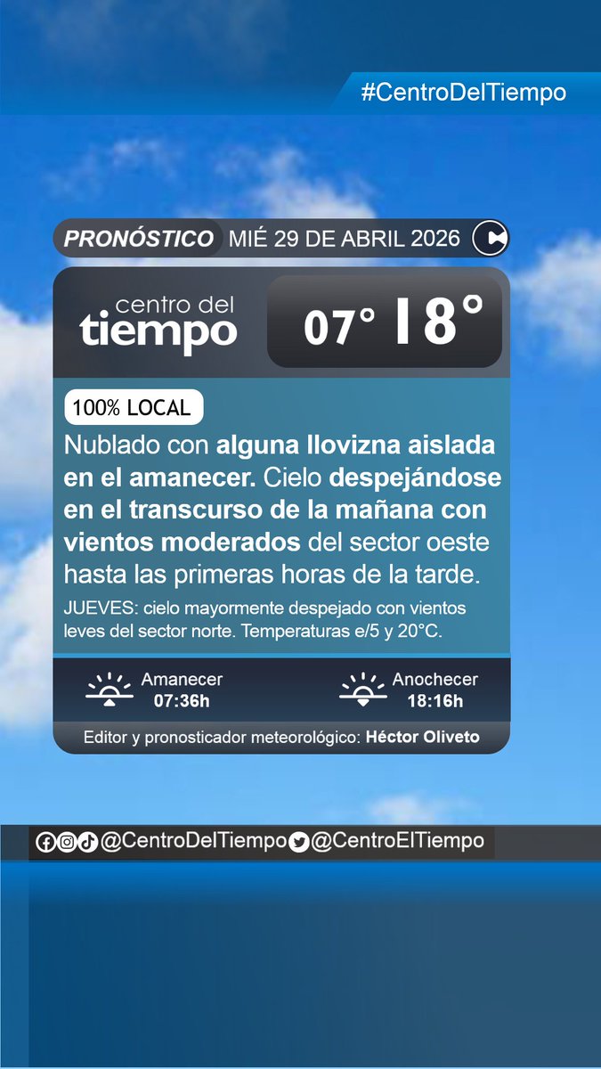 centroeltiempo's tweet image. Nuestra previsión meteorológica 100% local para mañana miércoles 29 de abril y un adelanto para el jueves 30 acá:
🕗Emisión 28/04/26 19:15 h
⚠️Válido para el área triciudad de #Azul, #Olavarría y #Tandil en el centro de la #ProvinciaDeBsAs.