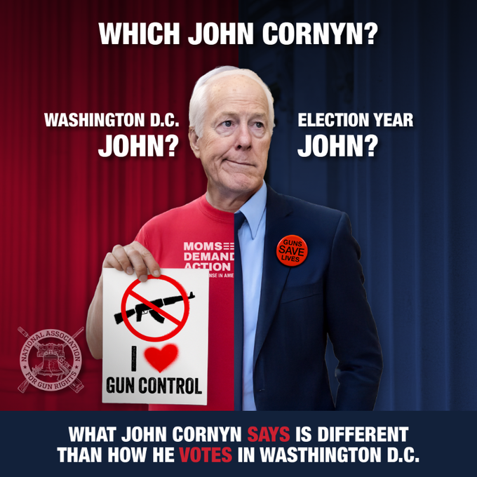 John Cornyn joined forces with Joe Biden to pass one of the largest gun control bills in decades, including:

Funding “red flag” laws;
Empowering the ATF; and
Expanding gun bans.

Now he is hoping gun owners forget just in time for re-election.