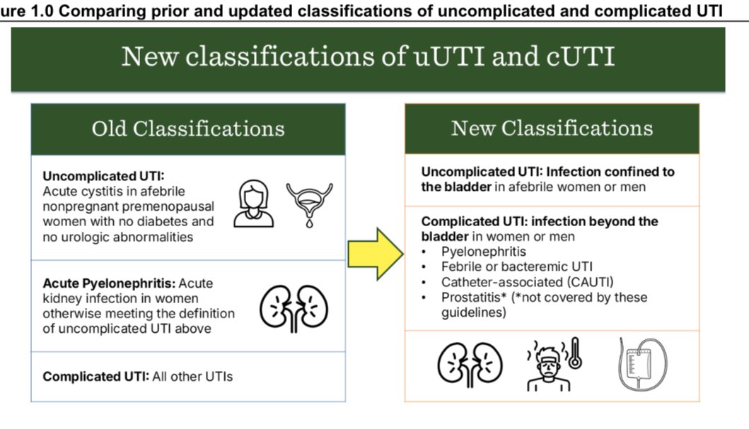 DrDeLaUCI's tweet photo. NUEVA DEFINICIÓN INFECCIÓN DE TRACTO URINARIO IDSA 2025 ‼️

📌 ITU no complicada: Infección confinada a vejiga en un hombre o mujer afebril 

📌ITU complicada: Infección más allá de la vejiga 

- Pielonefritis 
- ITU bacteremica o febril 
- Prostatitis 
- ITU asociada a catéter https://t.co/Km8LEXVB4i