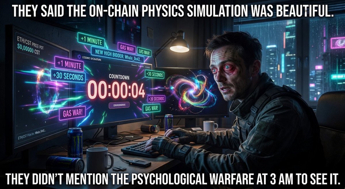 majorzodx's tweet photo. They said the procedural physics simulation was deterministic, but my 3 AM gas war anxiety is completely unpredictable.   Eyes as red as the neon timer extensions. The grind for that final gesture is REAL.  Who else is living the life of a Chrono Warrior sniper for the @CosmicSignature
 
#Arbitrum #OnChainArt #NFTs #DeFi #CosmicSignatureMemeTakeover