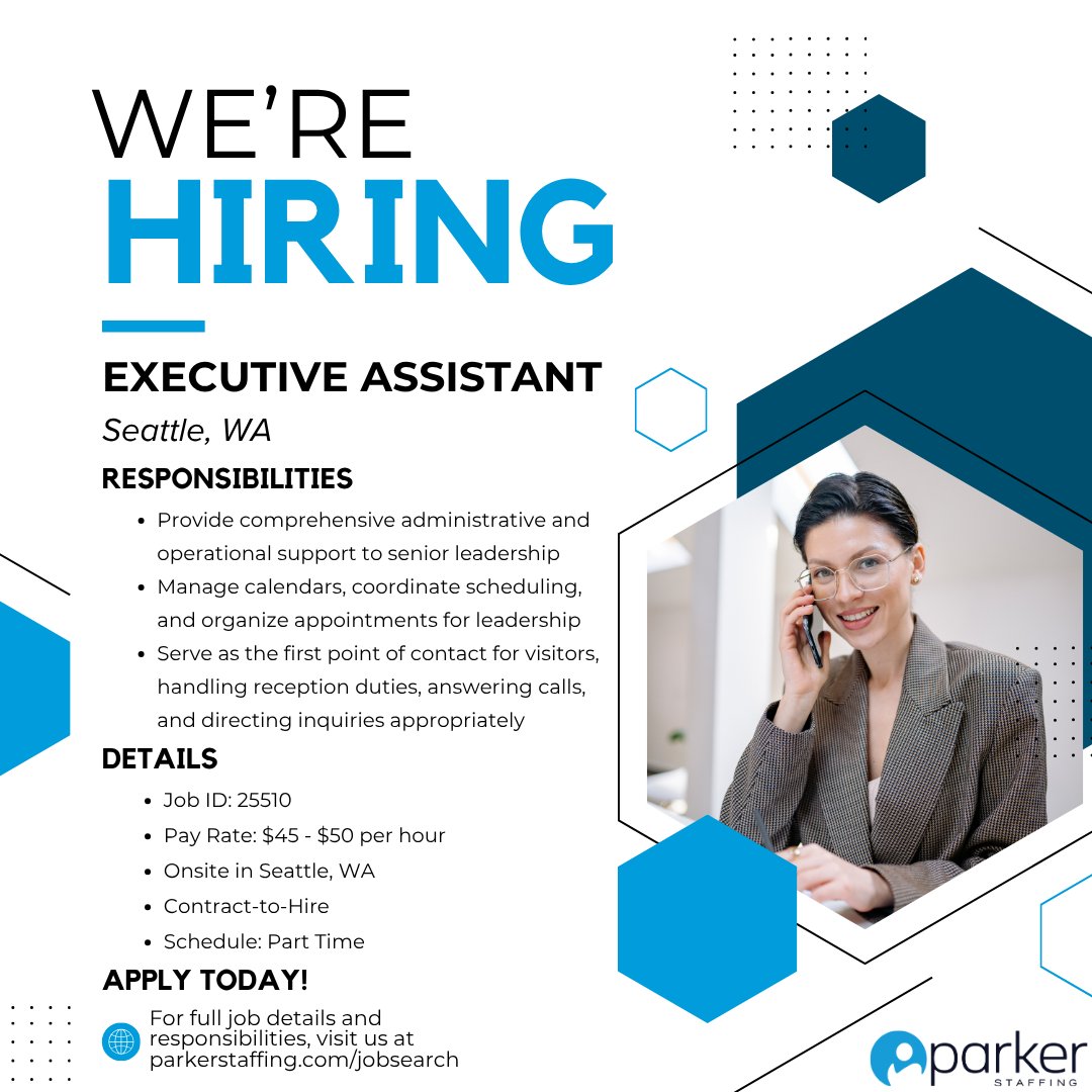 We’re hiring an Executive Assistant to support senior leadership in a dynamic, fast-paced environment. 

parkerstaffing.com/job/25510-part… 

#ExecutiveAssistant #NowHiring #AdministrativeJobs