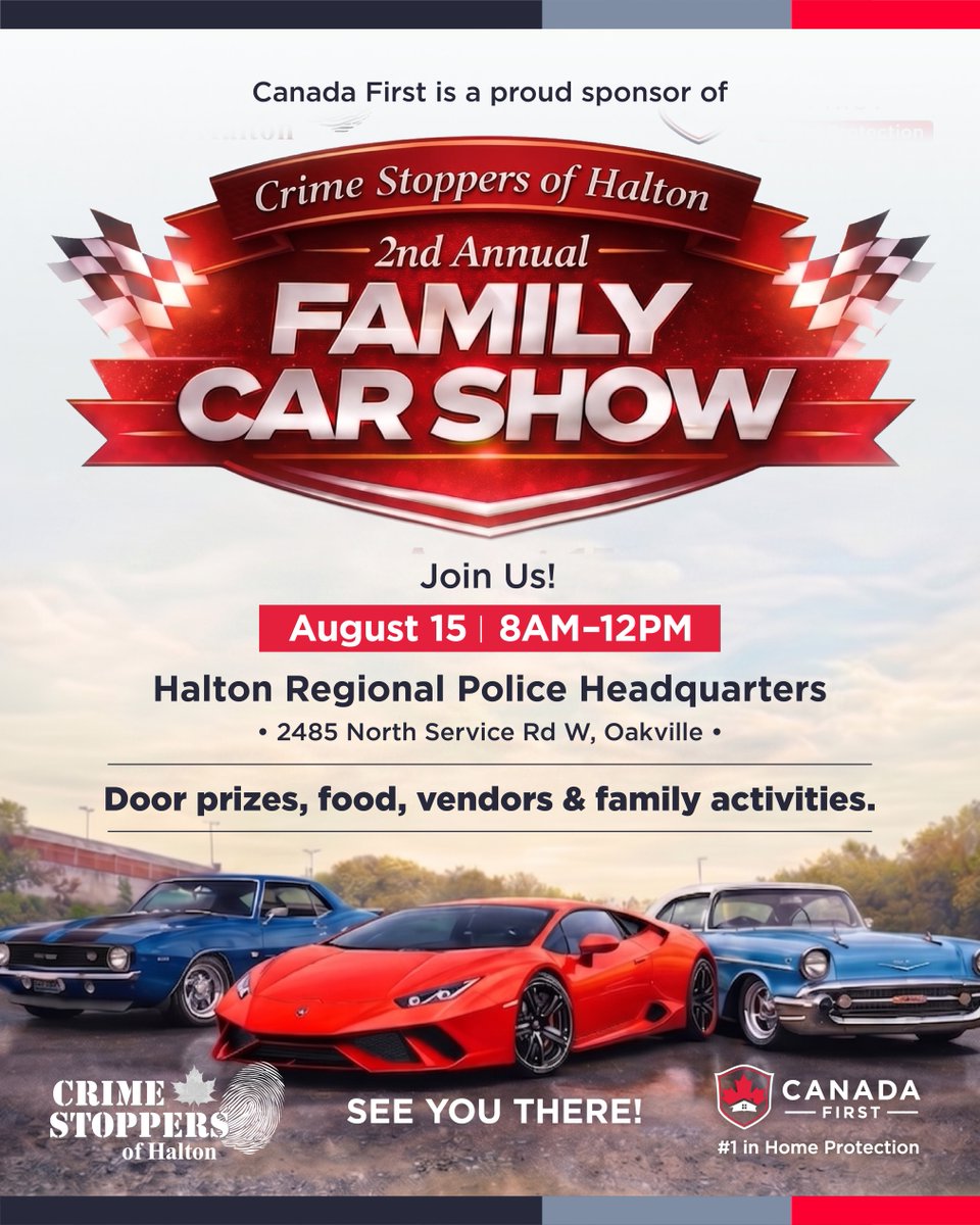 CanadaFirst_inc's tweet image. Proud sponsors of the 2nd Annual Family Car Show with Crime Stoppers of Halton 🚗🍁 August 15 | 8AM–12PM | Halton Regional Police HQ, Oakville. Cars, community &amp;amp; prizes. See you there!

#CanadaFirst #HomeSecurity #CrimeStoppers