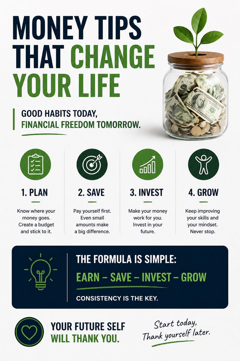 realincomeX's tweet image. No complicated strategy. No excuses.
Just 4 steps:
Plan. Save. Invest. Grow.
Most people overcomplicate money — but consistency is what really builds wealth.
Start simple. Stay disciplined. Win long-term. 📈
#WealthBuilding #MoneyStrategy #FinancialFreedom