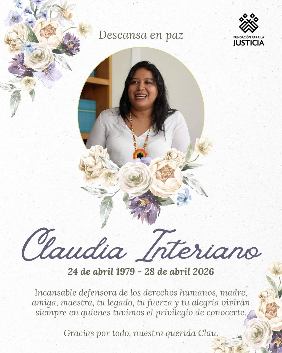 FJEDD's tweet photo. Querida Claudia, hoy amanecimos con el profundo dolor de tu partida. 

Hoy recordamos la fuerza de tus convicciones, el respeto y la cercanía con la que acompañaste a tantas familias, la fuerza de tu inagotable alegría. 

Fuiste la prueba viviente de que al mal tiempo buena cara, tu risa y tu ganas de continuar luchando por la justicia son tu legado más precioso.

Descansa en paz, querida Claudia, gracias por todo.