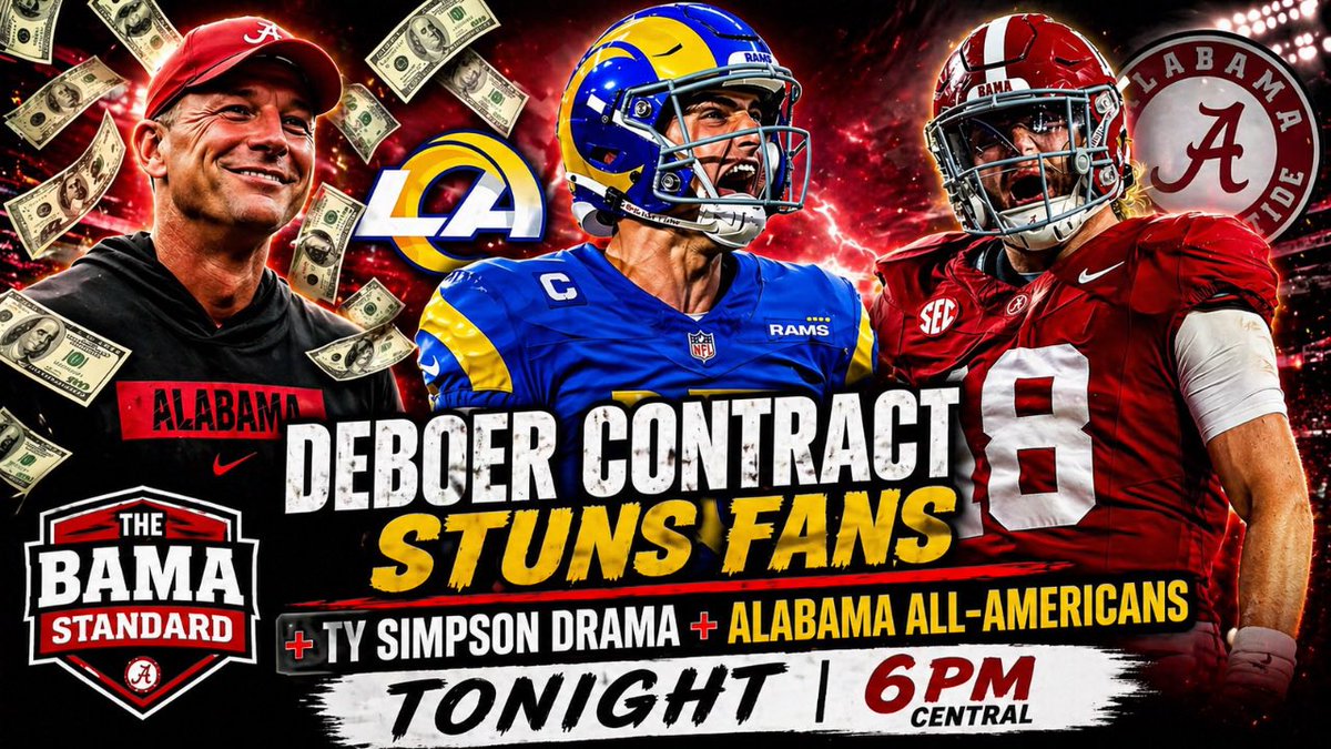 TheBamaStandard's tweet photo. We’re LIVE tonight! Derrick Lassic is full time &amp; @Mac_Hereford joins us! 🔥

Topics: DeBoer’s Extension, Ty Simpson/Rams drama, &amp; Predicting Alabama’s 2026 All-Americans! 💥 

📺: https://t.co/DT4uKkcLm5
⏰: 6PM CT

#CollegeFootball #RollTide #BamaFactor https://t.co/lIH3mFuWxr