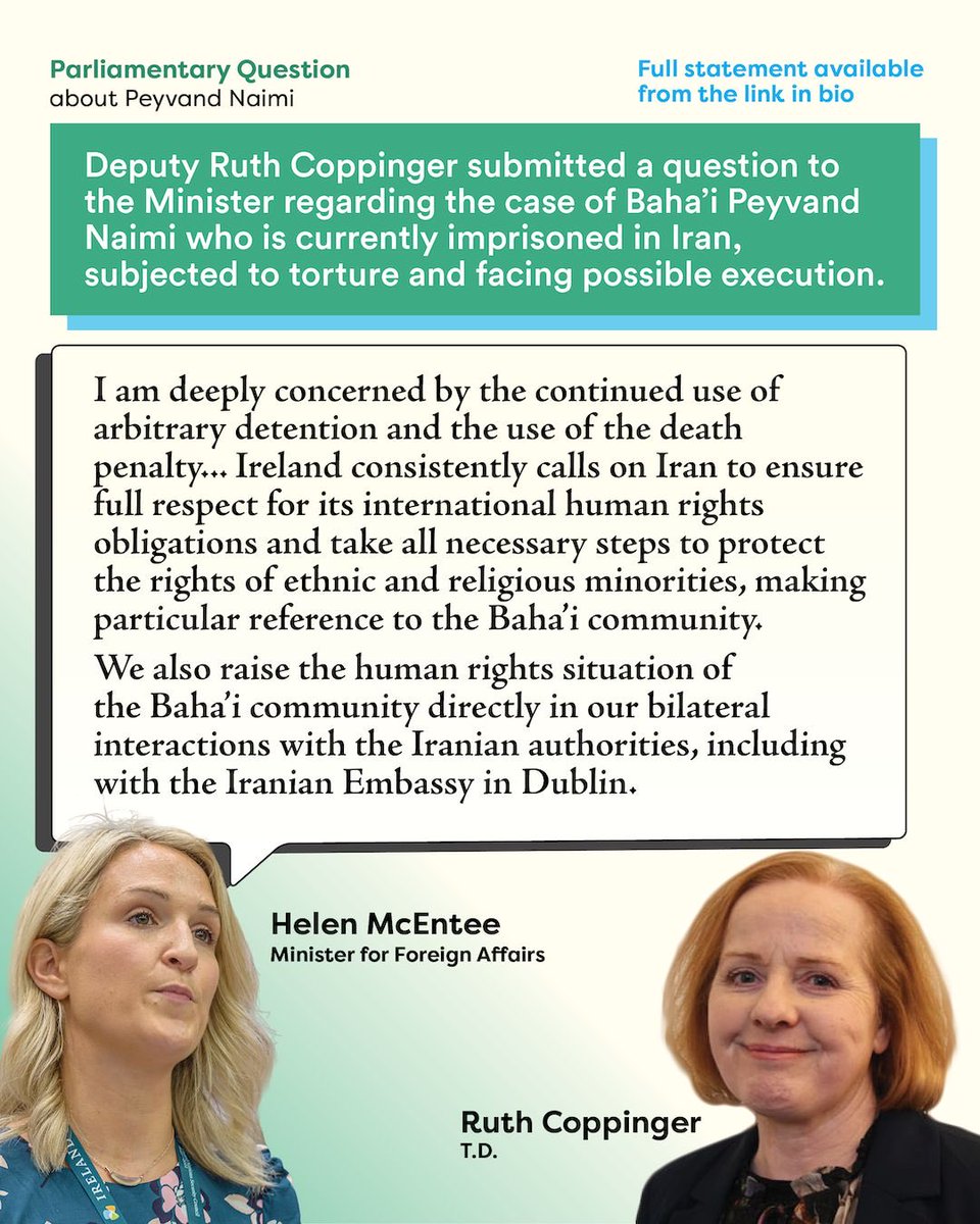 BahaisofIreland's tweet photo. Thanks to  Deputy @RuthCoppingerSP &amp; Minister for Foreign Affairs @HMcEntee for expressing support for #PeyvandNaimi &amp; #BornaNaimi imprisoned in #Iran. Also for highlighting danger faced by the #Bahai community - Parliamentary question &amp; answer here - https://t.co/H7uuMev53a https://t.co/cVISFcPEq6