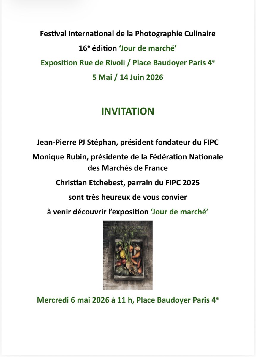 met en lumière le travail de photographes professionnels internationaux ayant pour univers de réflexion notre assiette.

« A plumes et à poils »

 Venez nombreux 
Mercredi 6 mai 2026 à 11 h, Place Baudoyer Paris 4 euros découvrir Jour de Marché