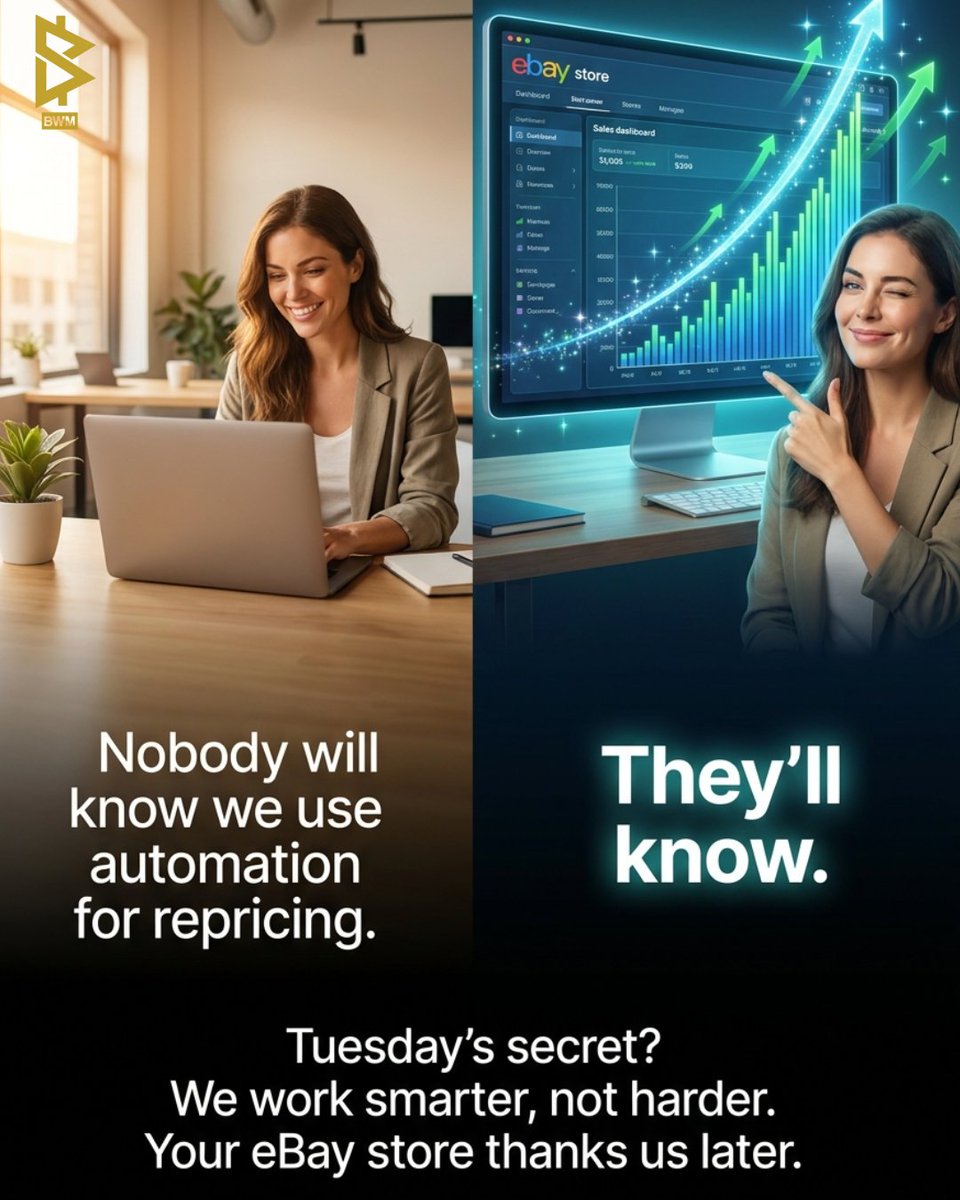 bwm_commerce's tweet image. "Nobody will know we use automation." 😏
Cut to: 📈 That vertical sales graph. Yeah, they’ll know.
Tuesday’s secret? Work smarter, not harder. Your eBay store will thank you later.
#eBaySellerTips #AutomationWins #WorkSmarterNotHarder #RepricingPower #TuesdayTransformation