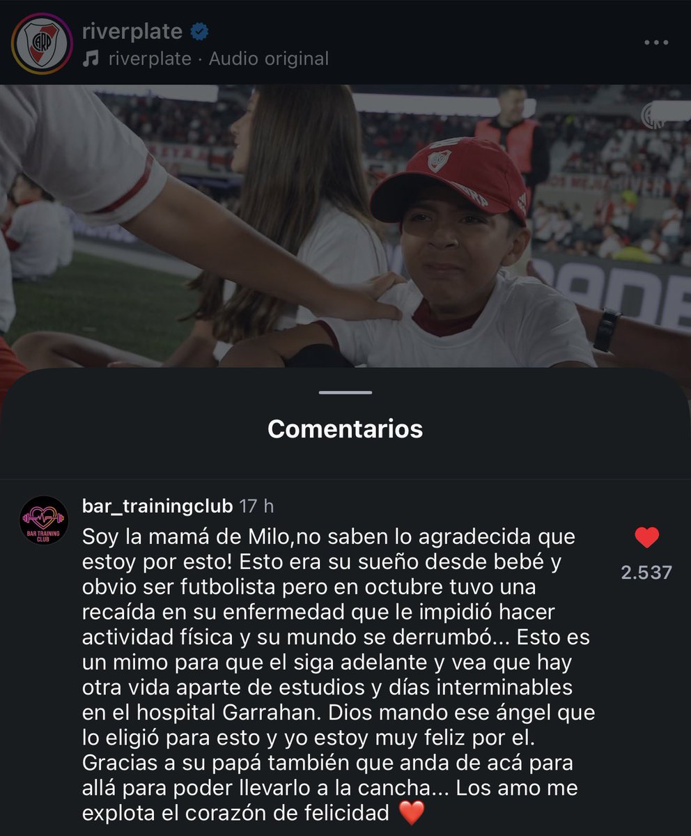 El comentario de la mamá de Milo en la publicación de River me hace mierda. Ese abrazo con Beltrán, esas lágrimas y emoción hablan por sí solas, que hermoso momento le hicieron vivir