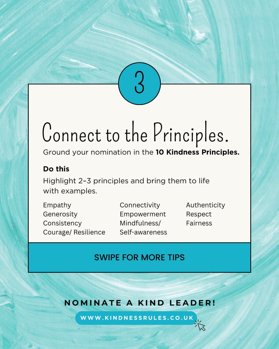 KindnessRules's tweet image. 1 week to go until nominations close! ⏳  Swipe for 3 tips to make your nomination shine, based on the 10 Principles of Kindness! 

🗓 05 May  
🔗 kindnessrules.co.uk 

#leadership #kindness #kindleadership