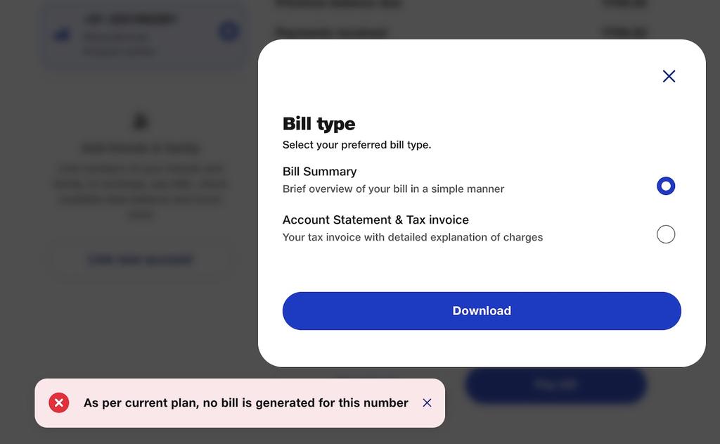 RituBTweets's tweet photo. @JioCare Logged into https://t.co/3AYX3yevDP from a web browser as advised. Can again see the bill summary with payment due date as 30.04.2026, but the error message displayed on trying to download the bill is "As per current plan, no bill is generated for this number". Screenshot shared https://t.co/echFy851qa