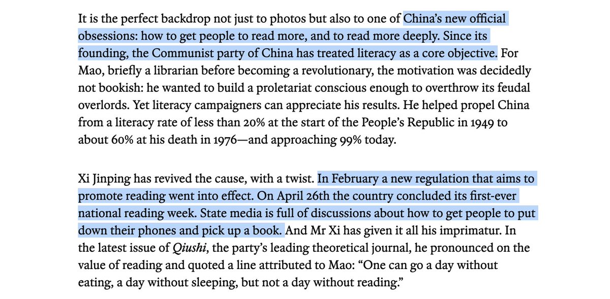 AlexAndBooks_'s tweet image. China’s new official obsession: Getting people to read more books.

In February, China passed a new regulation to build more public reading facilities and spaces.

In April, China had its first-ever national reading week.

State media encourages people to put down their phones