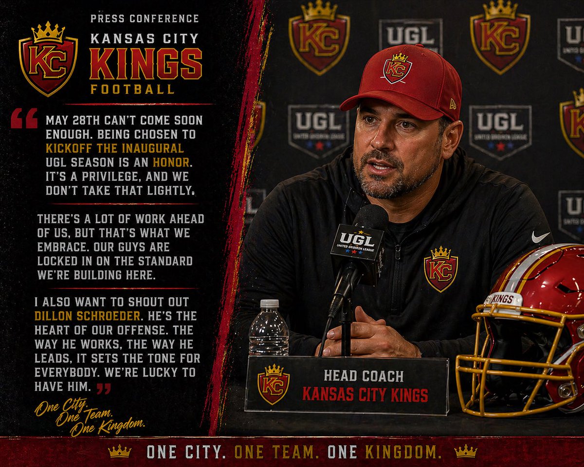 UGL_Football's tweet photo. “Being chosen for the inaugural UGL kickoff is an honor… but that’s not what defines us.”

Kansas City is locked in for May 28 👑

Focused, prepared, and ready to set the tone from the first snap.
Work speaks louder than hype.

#UGL #UGL2026 #KansasCityKings #OneKingdom https://t.co/4Rb1xwlA09