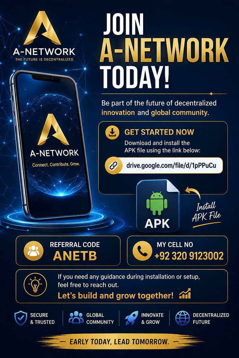 Jawad0008's tweet photo. 🚀 Join A-Network Today – Be Part of the Future!
Step into the next generation of digital innovation with A-Network. Don’t miss your chance to get involved early and grow with a promising ecosystem.
📲 Get Started Now: Download and install the APK file using the link below: 👍🏿https://t.co/w4AbYlckRo
🔑 Referral Code: ANETB
📞 Contact: +92 320 9123002
💡 If you need any guidance during installation or setup, feel free to reach out. Let’s build and grow together!
#ANetwork #Anet #EarlyAccess