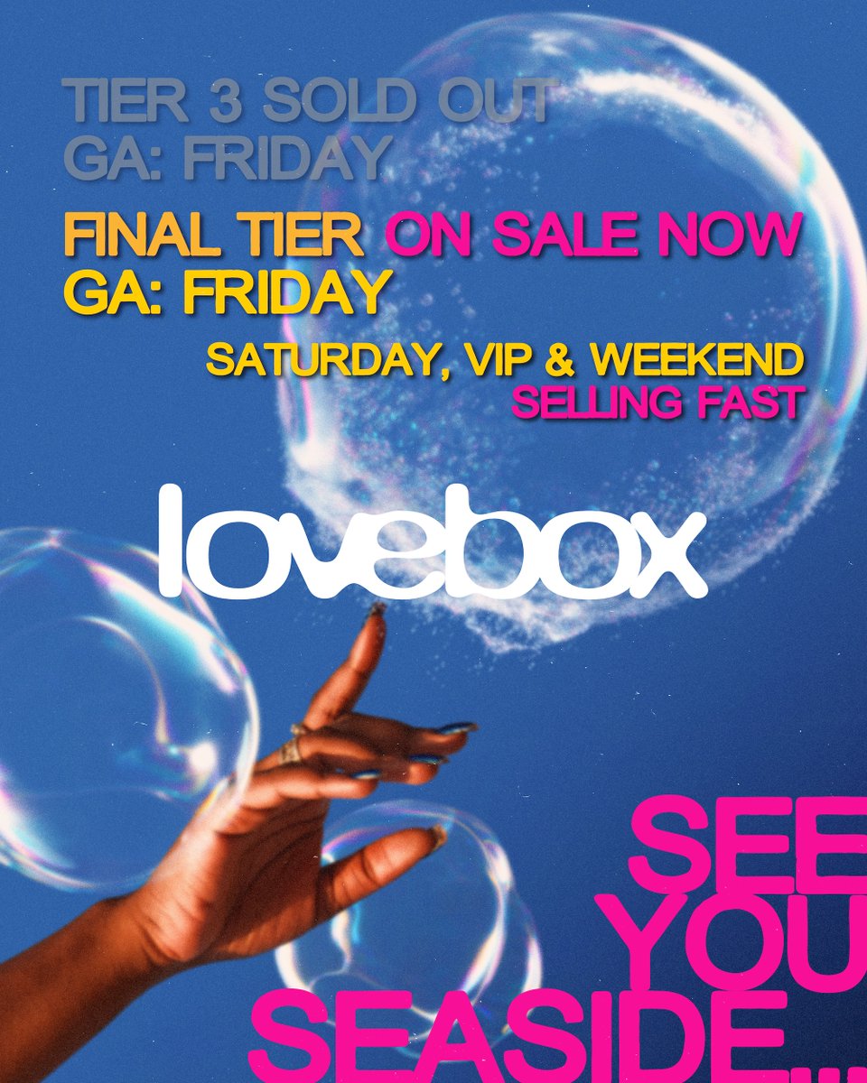 LoveboxFestival's tweet photo. Tier 3 Friday GA Day tickets have SOLD OUT! ⚠️ Final tier is on sale now.

🚨 Remaining Saturday, VIP &amp; Weekend tickets selling fast!!

We’re beyond grateful for all the love. Our new era next month is shaping up to be something really special ❤️ https://t.co/PpCiFxhZFF
