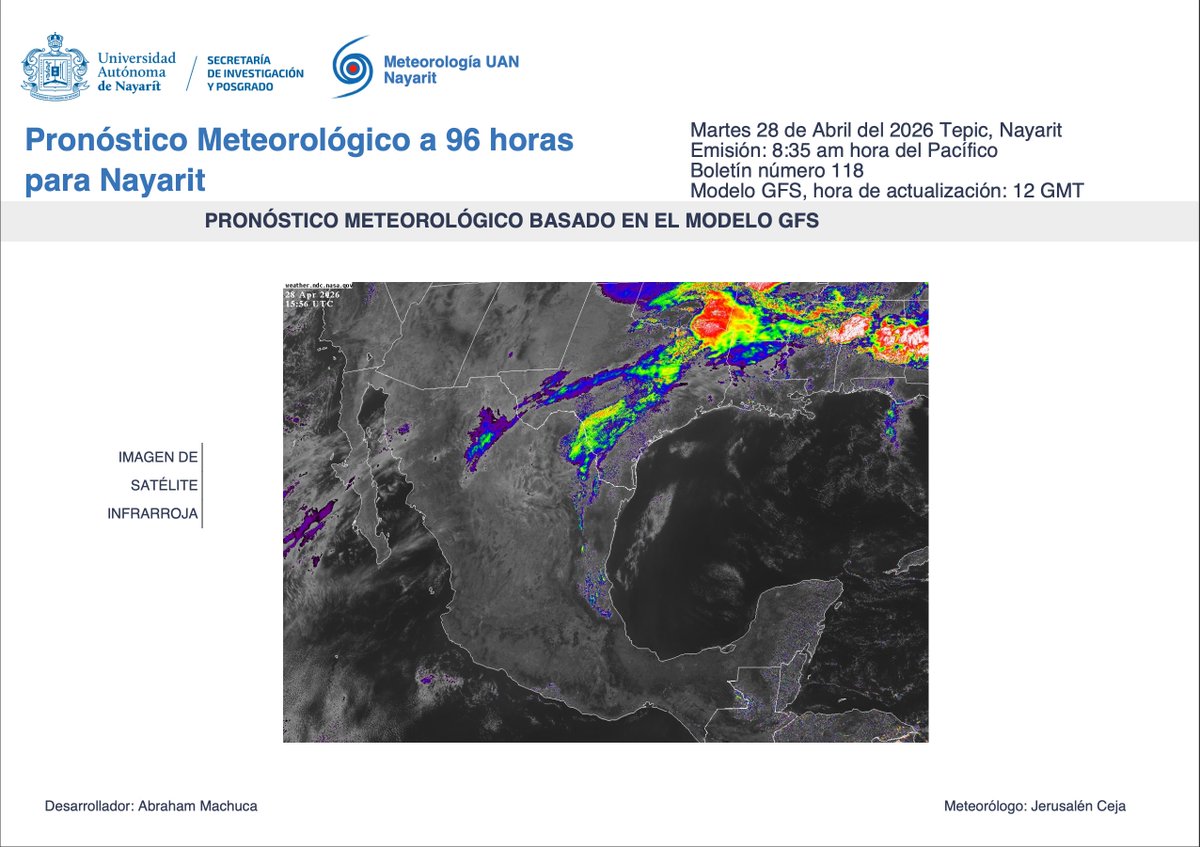 CMN_UAN's tweet image. #Pronóstico matutino a 96 horas
Válido para: Martes 28, miércoles 29, jueves 30 y viernes 1
Secretaría de Investigación y Posgrado UAN a través de Meteorología UAN Nayarit emite el siguiente pronóstico del tiempo
#SIP
#LaUANenTodasPartes
#Pronostico
#Nayarit