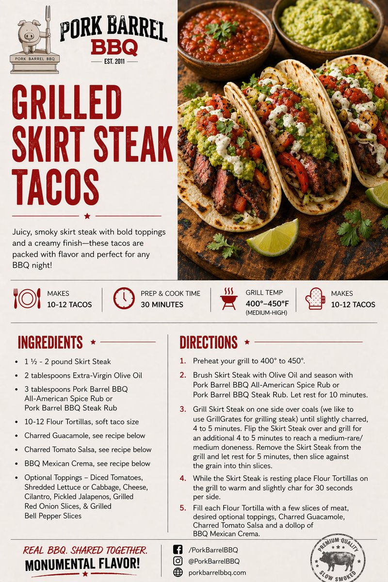 porkbarrelbbq's tweet image. #TacoTuesday done RIGHT.

Fire up the grill and load it up with our Grilled Skirt Steak Tacos—juicy, smoky, and stacked with bold toppings + a creamy finish. This is how BBQ meets taco night. 

 #BBQ #GrillingSeason #Tacos #Foodie #BBQLife #PorkBarrelBBQ