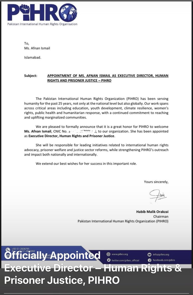 PIHRO1's tweet image. Welcome Afnan Khan to PIHRO as ED, Human Rights! Wishing you a remarkable journey in promoting and protecting human rights and in shaping a positive, soft image of Pakistan on the international stage. 🇵🇰

#Welcome #PIHRO #HumanRights #Pakistan #Leadership #InternationalRelations