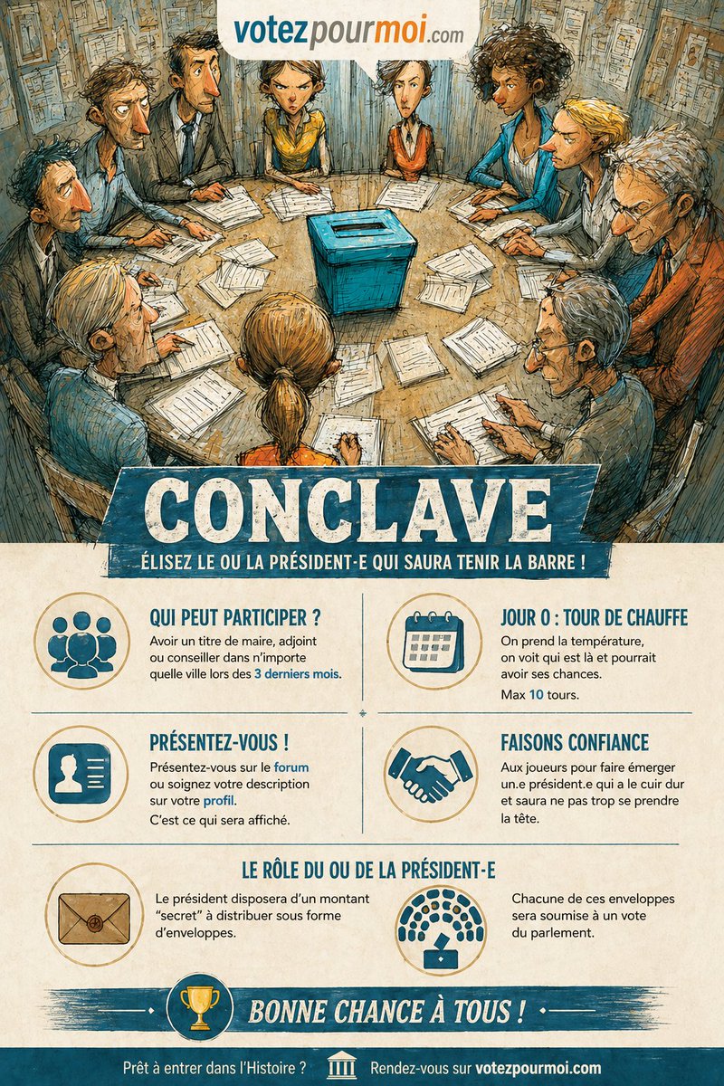 votezpourmoi's tweet image. Sur votezpourmoi.com l'élection du président de la république ca démarre le 1 Mai. Notre système d'élection est un conclave !
#presidentielle #conclave #elections